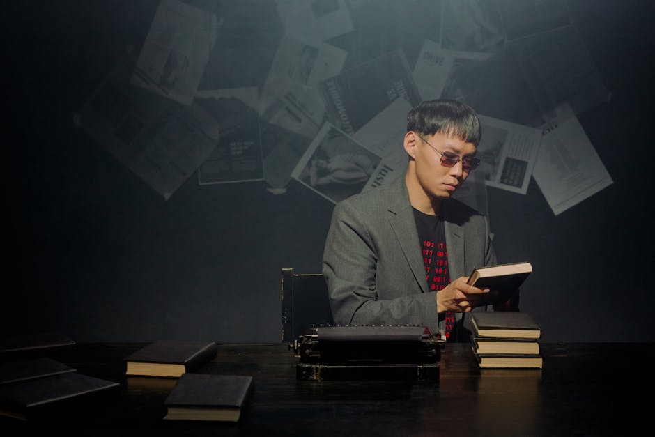 A serious man engrossed in a book, surrounded by stacks of notebooks and a typewriter.