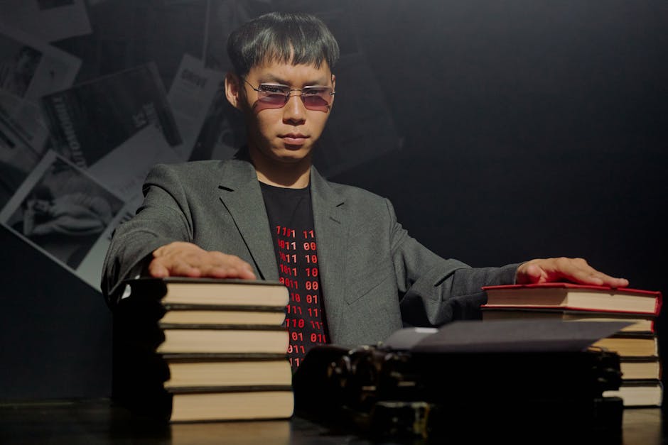 A serious man sits indoors with stacks of books and a vintage typewriter, exuding a journalistic aura.